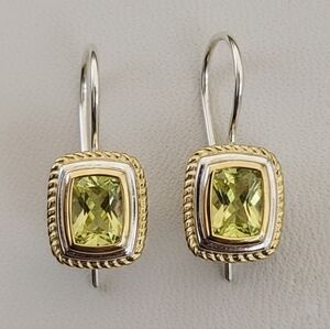 Vintage Sterling Silver & Gold Peridot Rope Border French Wire Earrings